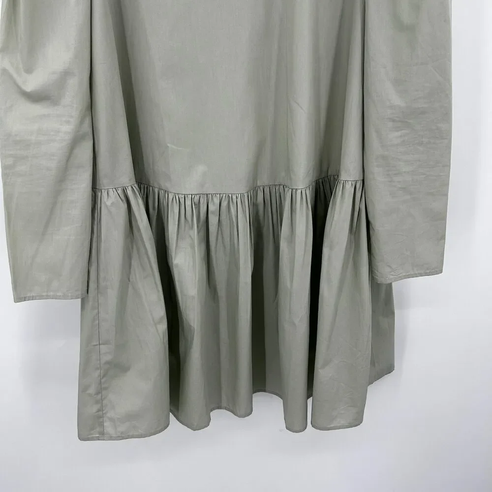 ICHI Pale Sage Green Crepe Puff Sleeve Oversized Pleated Short Dress Size Small